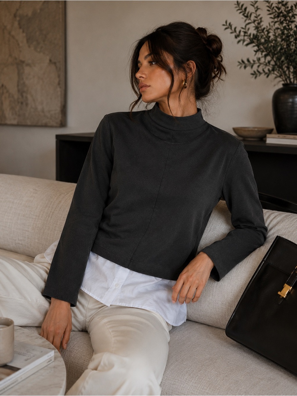 Theory Black Mock Neck Long Sleeve Minimalist Top Size L